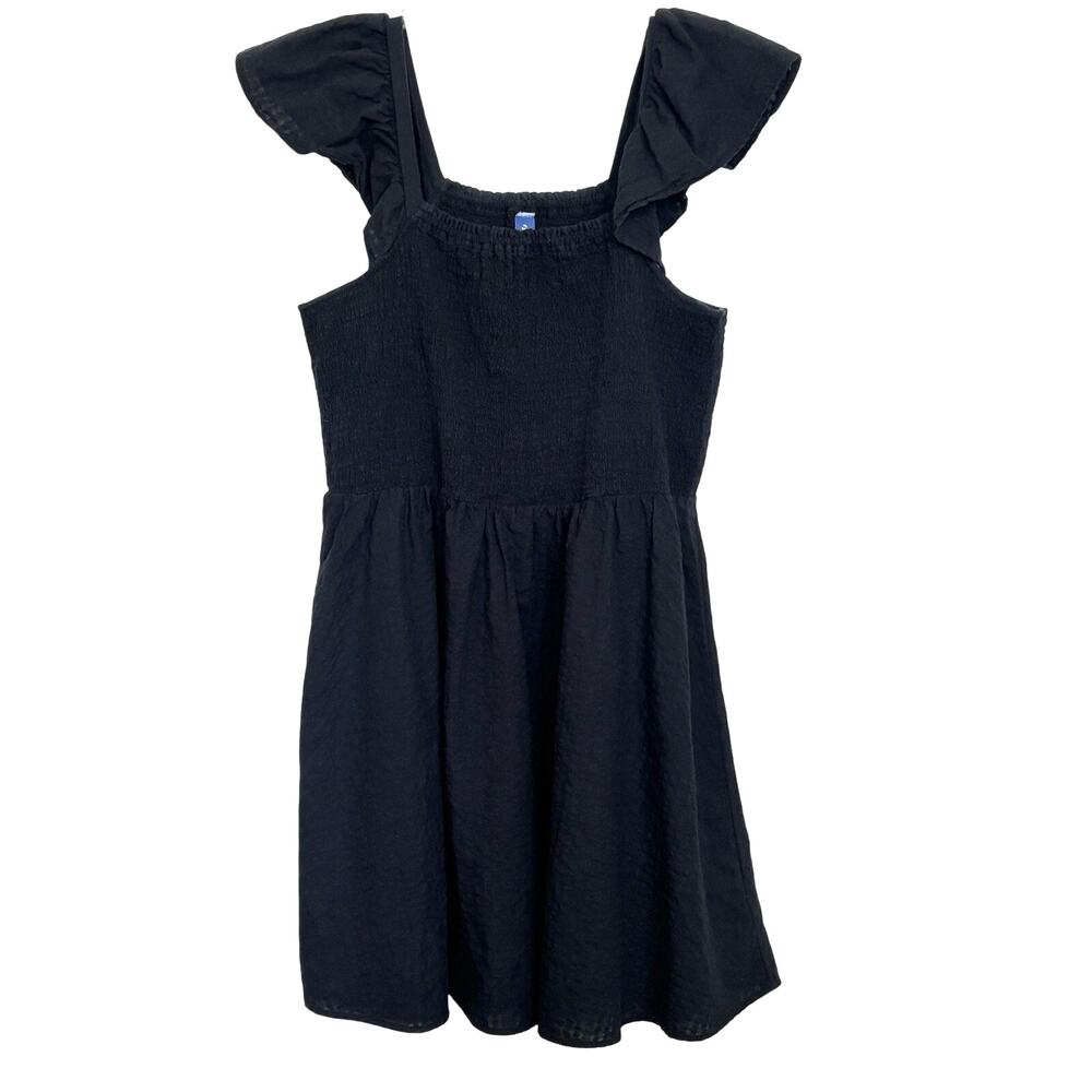 Old Navy Black Smocked Mini Dress XL Tall Ruffle Sleeves Gauze Cotton Casual LBD